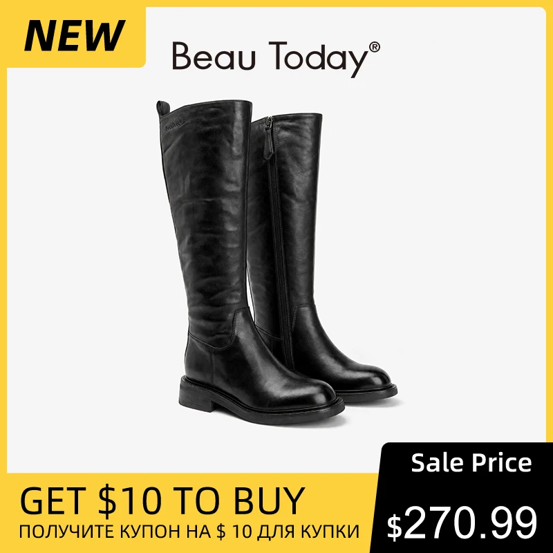 BEAUTODAY Long Boots Women Genuine Horse Leather Solid Color Round Toe Zip Knee High Boots Pleated Ladies Shoes Handmade 01284