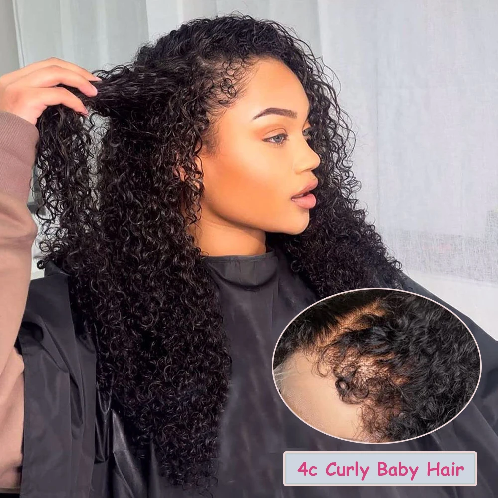 4C kinky Edges Natural Hairline 13x6 Transparent Lace Front Wigs With Curly Baby Hair Pre Plucked Brazilian Curly Wig Human Hair