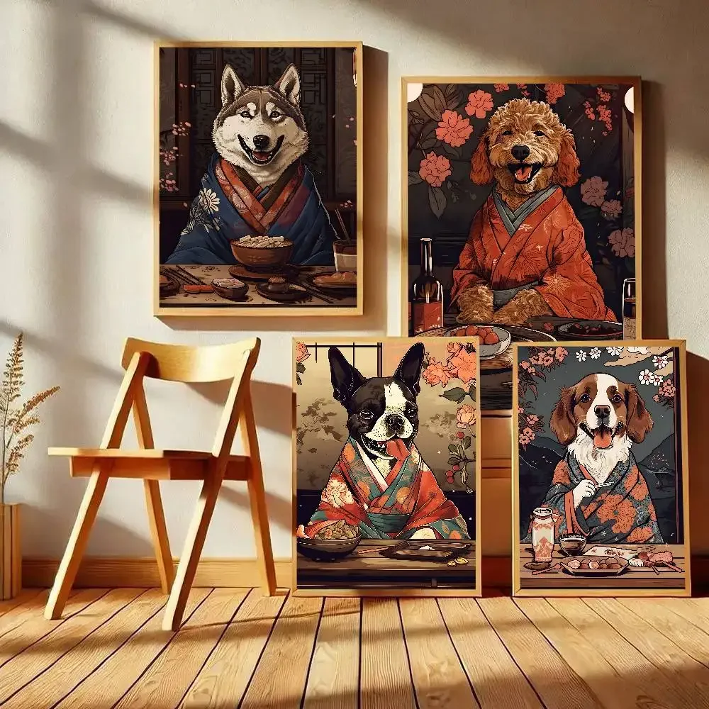 Japan Akita Inu Husky Corgi French Fighting Bulldog Kimono Izakaya Poster Art With Prints Home Bedroom Decoration Gift