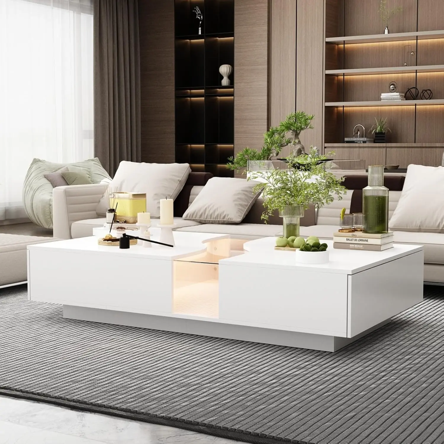 

Modern Coffee Table With Lights & Glass Tabletop, Central Table With 2 Drawers, For Living Room, White 55.1”W X 31.5”D X 11.8”H