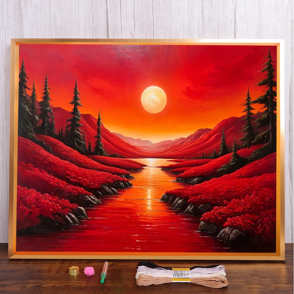 

Landscape Sunsine River Printed Canvas Cross Stitch Embroidery Set Painting Sewing Knitting Needlework Mulina Package For Adults