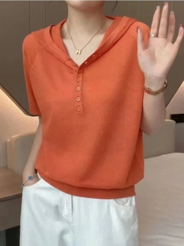 Los ijszijde gebreid ort Sve T-shirt voor dames met hoed Zomer lichtgewicht ademend comfortabel f Sve hoodie