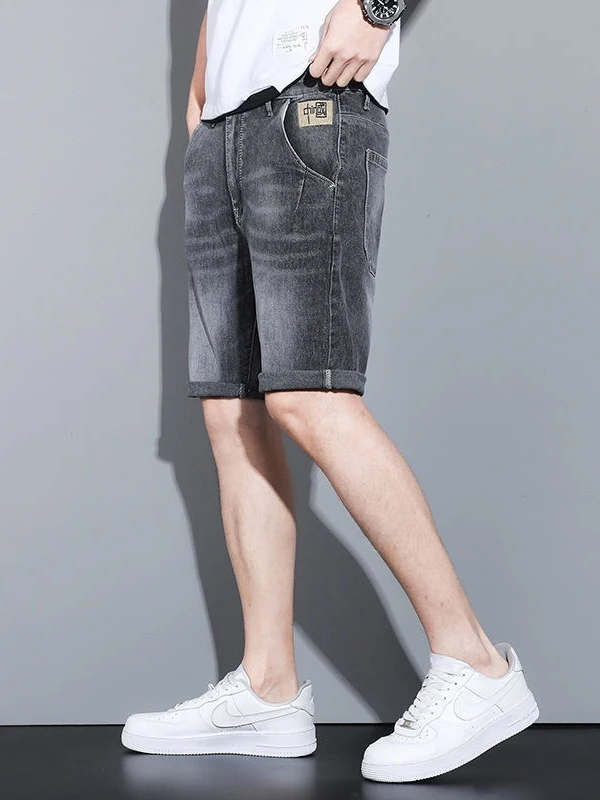 New 2025 Men's Five-Point Jeans Shorts Summer Thin Straight Leg Elastic mid Waist Korean Style Half-Length Casual Wear
