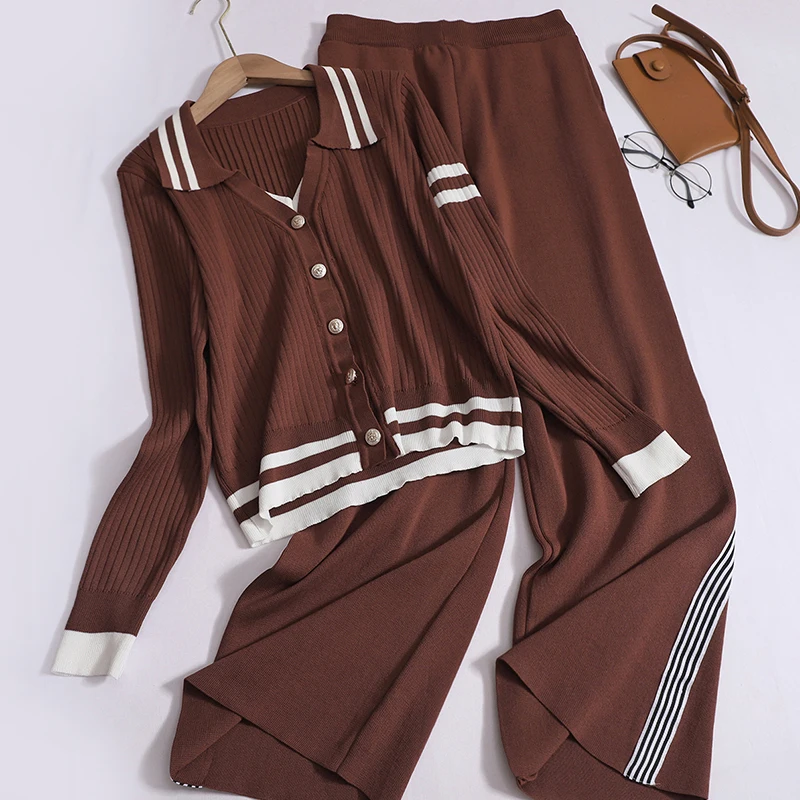 Women Fall Vintage Two Piece Set Turn-down Collar Single-breasted Cardigan and High Waist Pocket Striped Pants Casual Knit Suit