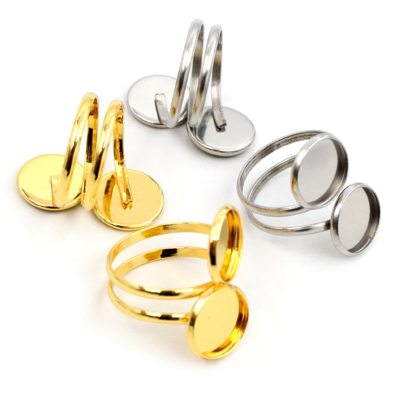 5pcs Stainless Steel Gold Plated 12mm Adjustable Ring Settings Blank/Base,Fit 12mm Glass Cabochons,Buttons;Ring Bezels