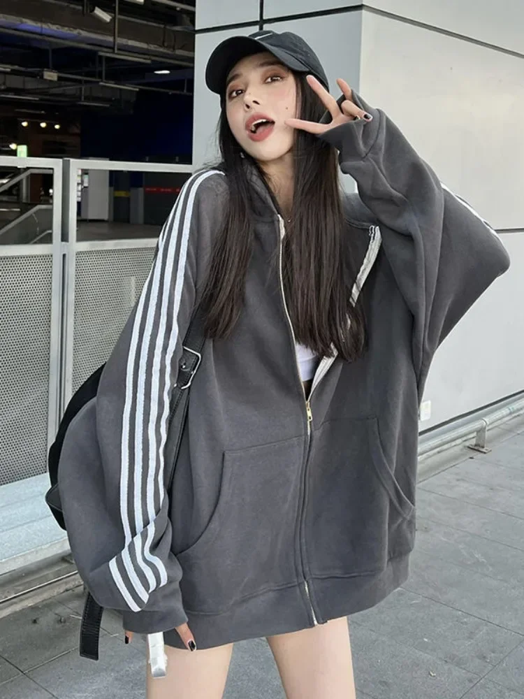 Vintage Grey Zip Up Hoodies Women Oversized Strip Causal Sweatshirts Autumn Streetwear Tops Coat Korean Style Fashion