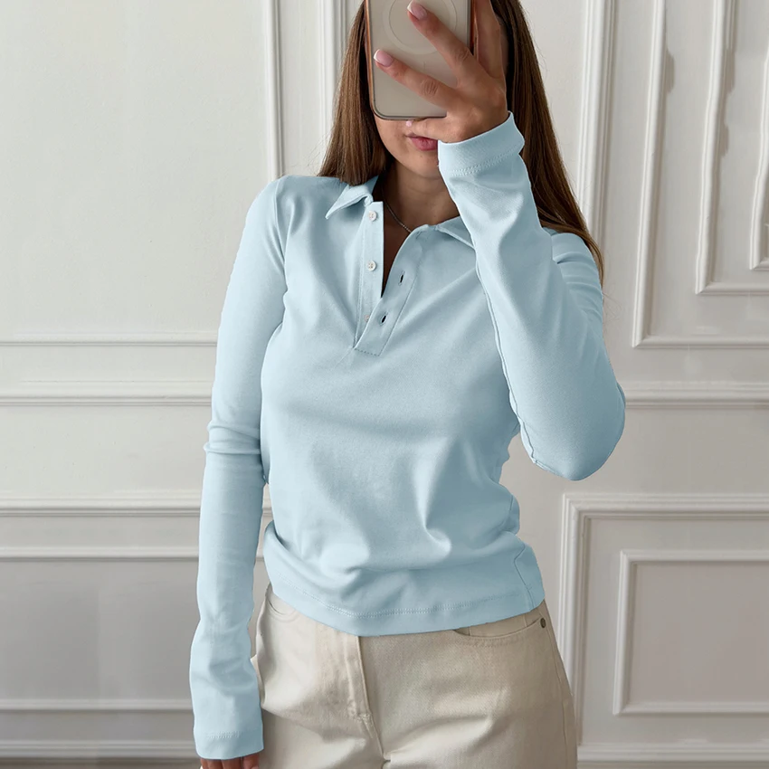 Linad Elegant Knitted Blue Laoel Tees For Woman 2026 Street Chic Slim Solid Long Sleeve T Shirts Autumn Casual Long Sleeve Tops