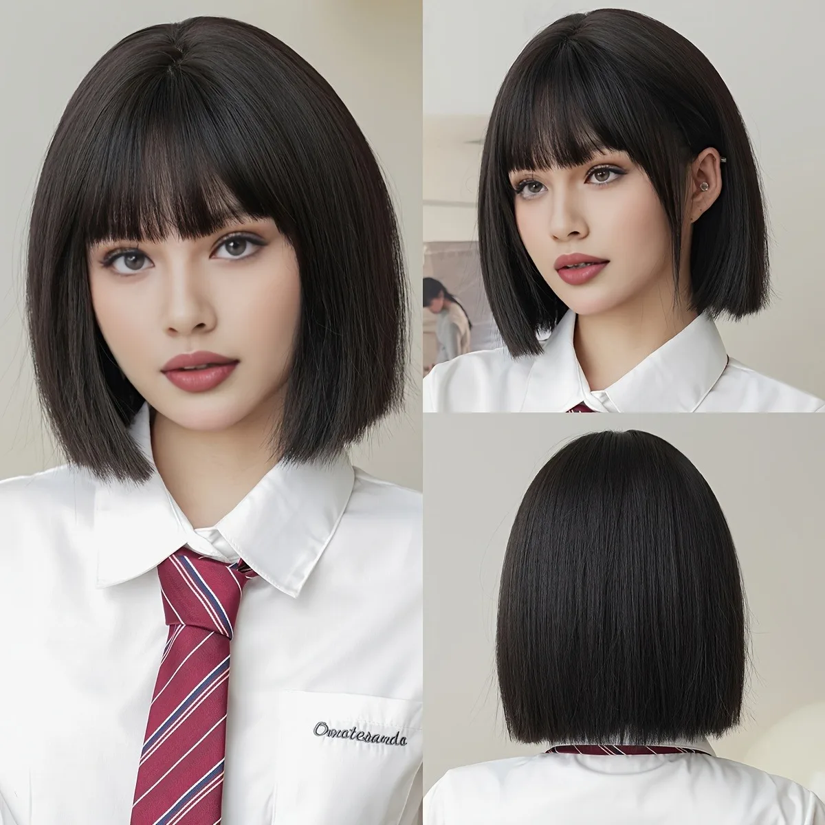 شعر مستعار بوب أسود قصير مفرود، شعر مستعار من الألياف الاصطناعية المقاومة للحرارة، مع غرة للسيدات، قبعة شبكية وردية مقاس 12 بوصة، مناسبة f #2