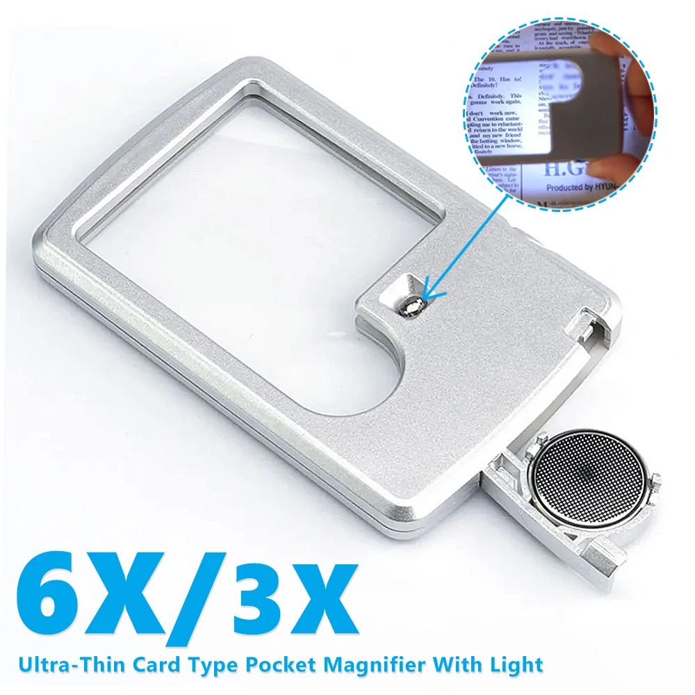 

Portable Ultra Thin Card Reading Illuminated Magnifier 3X 6X LED Light Square Credit Card double lenses portable Pocket Loupe