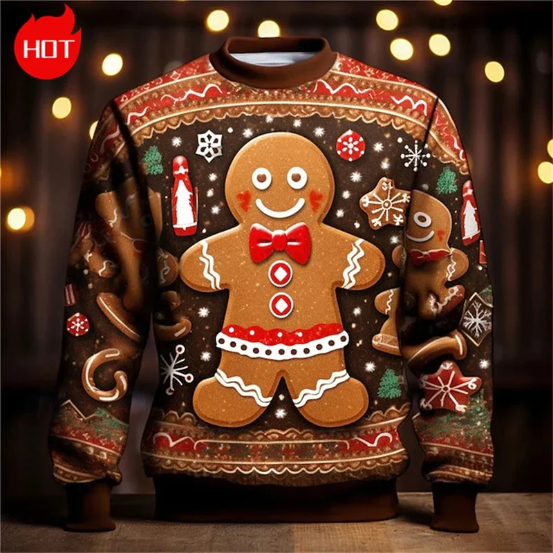 

Gingerbread Man 3D Printing Sweatshirts Vintage Happy Christmas Graphic Round Neck Hoodie Fashion Ugly Christmas Sweatshirt Tops