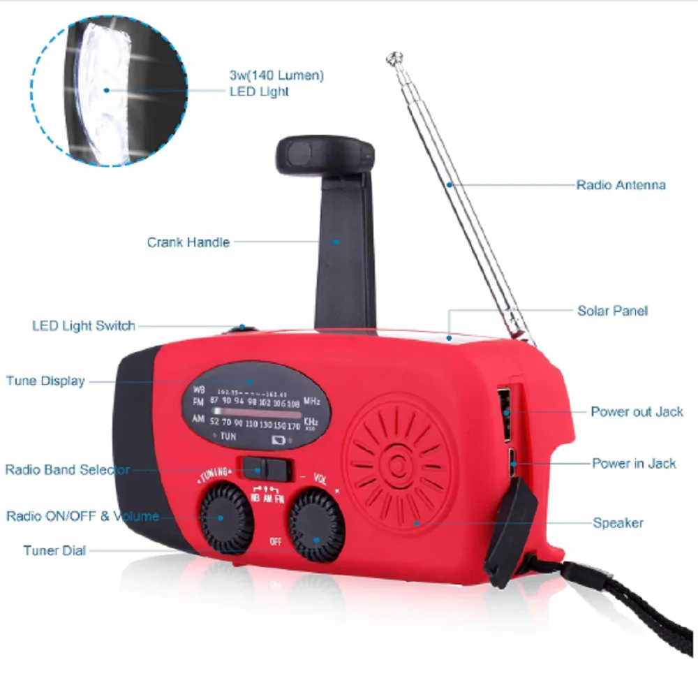 Emergency Solar Hand Crank Solar Radio with LED Flashlight for lamp, AM/FM  Portable  Radio with 2000mAh Mobile Charging light