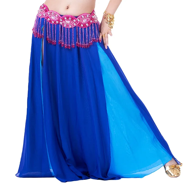 Buikdans Dubbele Kleuren Chiffon Rok Performance Buikdans 2-Side Splits Rok Sexy Vrouwen Oosterse Buikdans Rok Zonder Riem