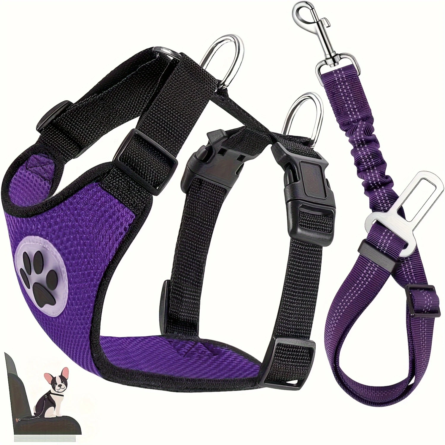 Dog Safety Vest Harness Set with Seatbelt, Adjustable Pet Harnesses, Breathable Mesh, Vehicle Connector Strap