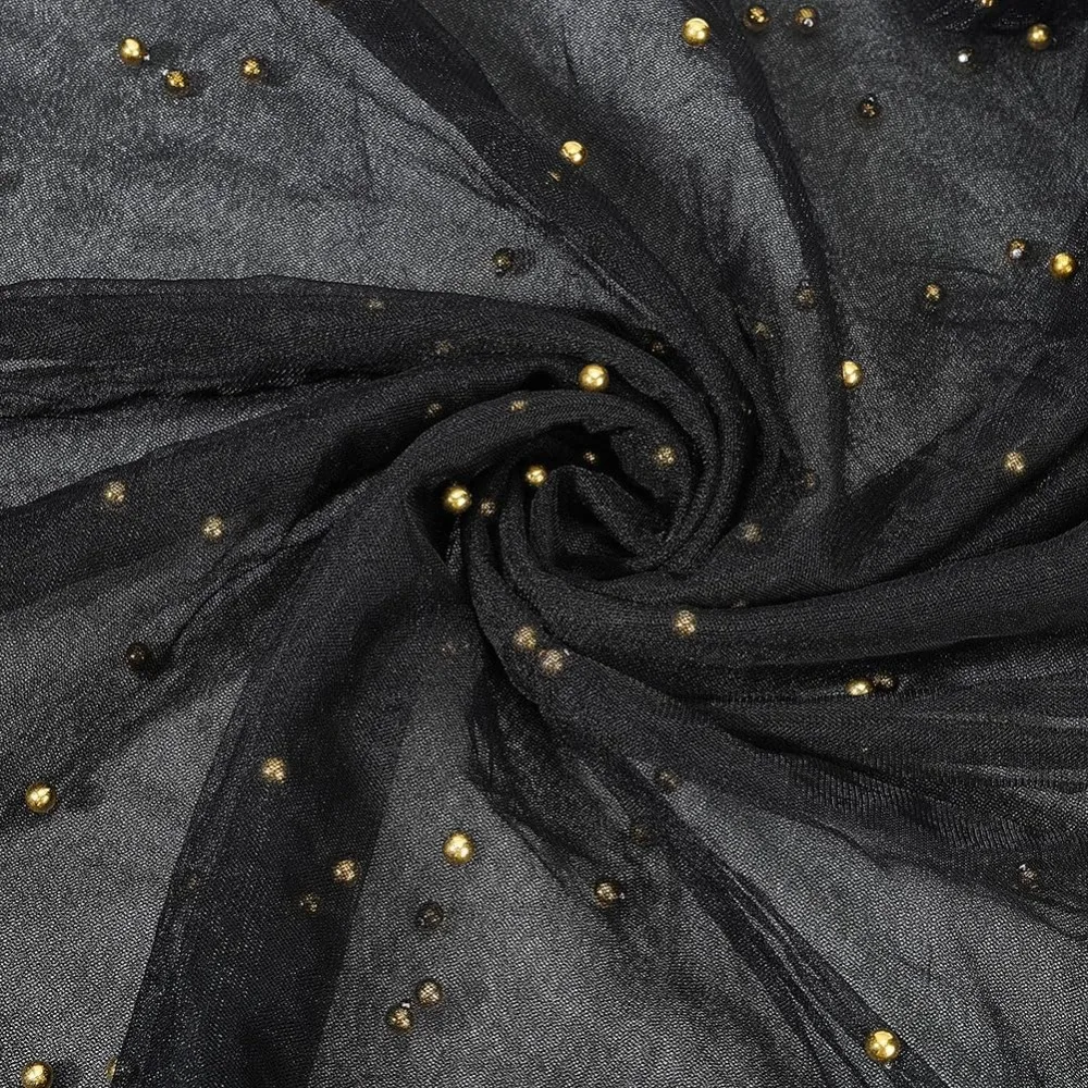 

Нейлоновая сетчатая ткань из тюля с имитацией жемчуга и бисером для рукоделия, свадебных вуалей, платьев, коротких юбок, черная, 274.3x15см