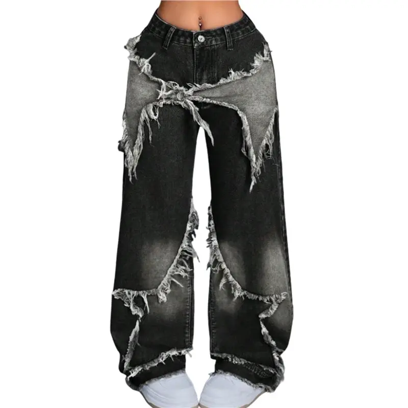 

CYL-Women Y2K Baggy Jeans Girls Star Patchwork Wide Leg Raw Hem Denim Pants Hip Hop Streetwear Preppy Clothes Black L