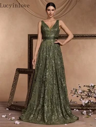 Lucyinlove Luxury Sexy Deep V-Neck Sequins Green Evening Dresses Women Elegant V-back Wedding Party Long Prom Cocktail Dress