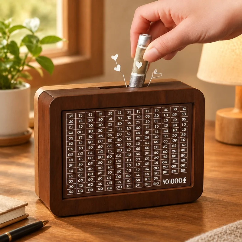 Kids' Wooden Cash Vault, Refillable Savings Box with 1000-10000 Euro Capacity for Money Challenge
