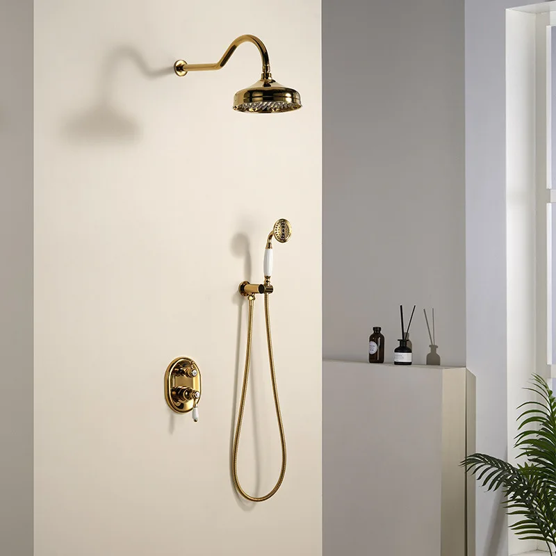 

Bathroom Shower Faucet Set Gold Wall Mounted Rainfall Shower Mixer Tap Polished Gold Brass Bath and Shower Faucet Set