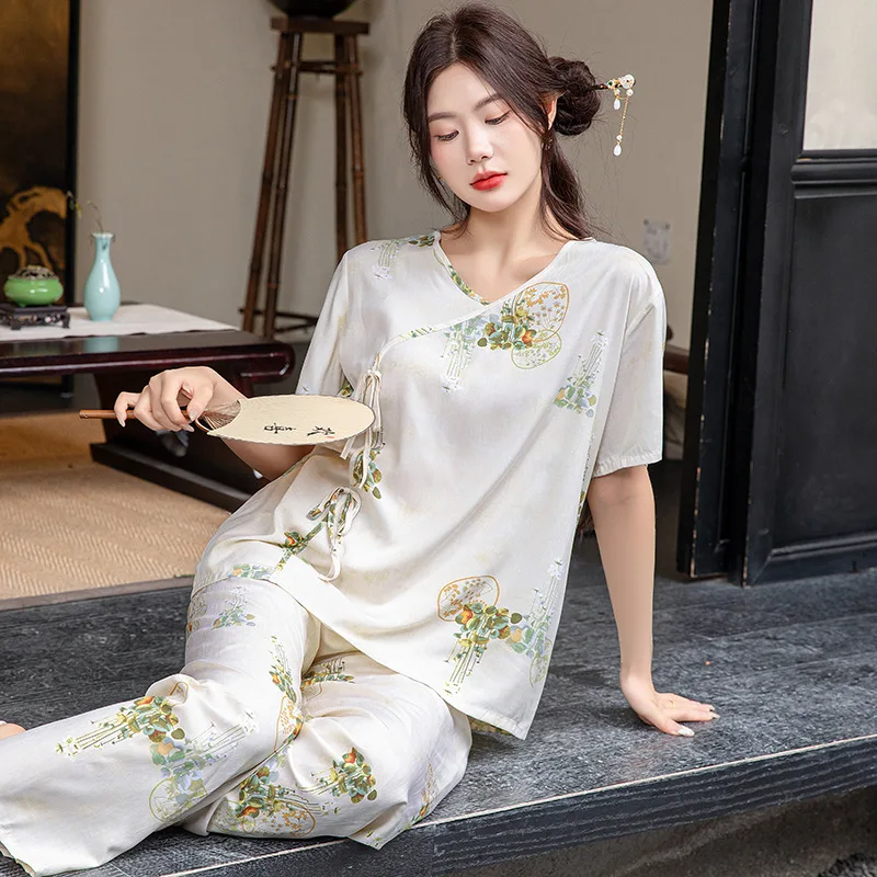 Cotton Silk Homewear Outfit Satin Pajama Sets Ensembles 2 Piece Pants Trouser Ruffled Lady Outfit Lounge Women Pijama Sleepwear