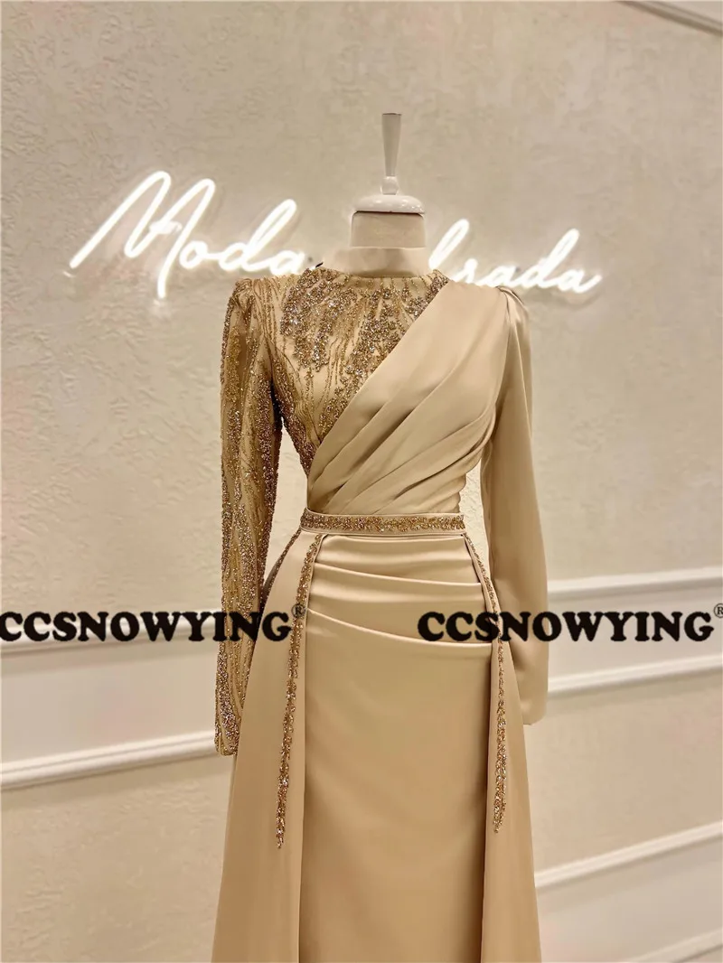 Champagne Long Sleeve Muslim Evening Dresses Detachable Train Islamic Formal Party Gown High Neck Arabic Kaftan Robes De Soirée