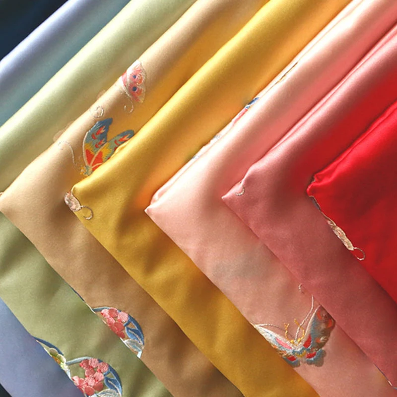 High Quality Thick Satin Silk Fabric Chinese Style Colorful Butterfly Embroidery Group Brocade Fabric For Cheongsam Hanfu Dress