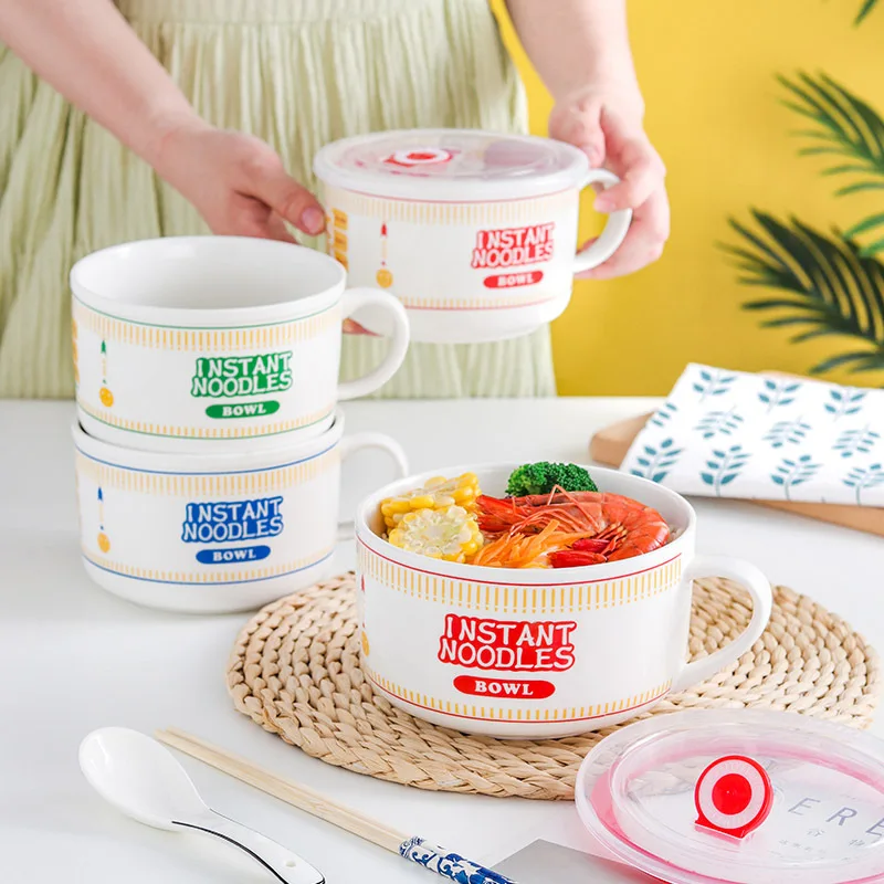 Japanese Ceramic Noodle Bowl with Lid and Handle Large Capacity Cute Design for Instant Noodles Soup Rice Home Dorm