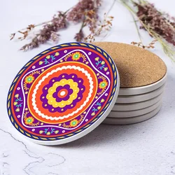 Mandala Style Enamel Coasters for Drinks Cork Base with Holder for Friends Funny Birthday Housewarming Kitchen Bar Decor