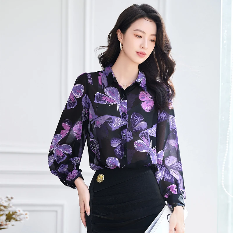 NAVIU Purple Yellow Print Turn-down Collar Fashion Shirt Office Lady Style Blouse Women's Long Sleeve Overalls For Tops