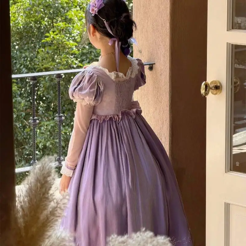 Little Girls Rapunzel Cosplay Dress Purple Floral Embroidery Long Tulle Dress Lace Ruffle Hem Kids Tea Party Birthday Outfit