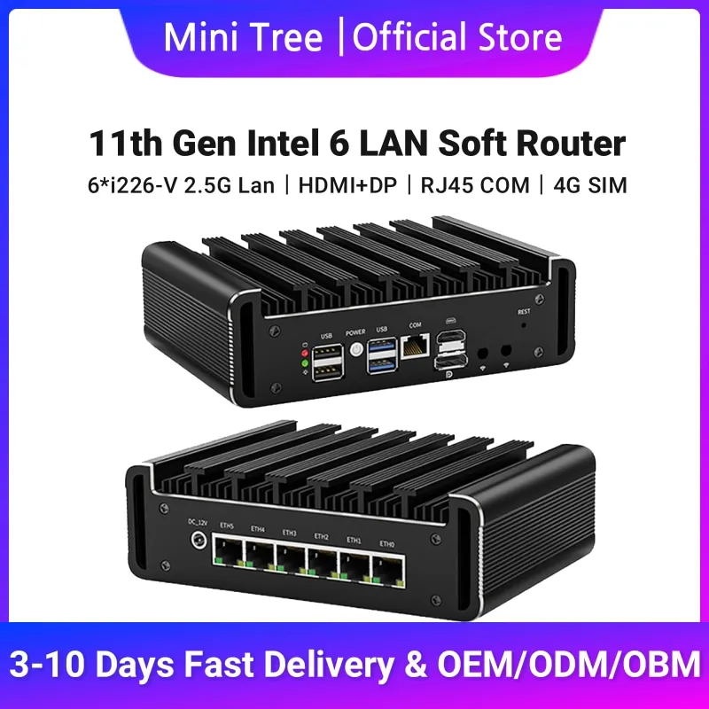 Fanless Firewall Router N150 Mini PC 6*intel i226 2.5G Lan HD DP Pentium Gold 8505U Embedded Box Mini Industrial Computer 4G SIM