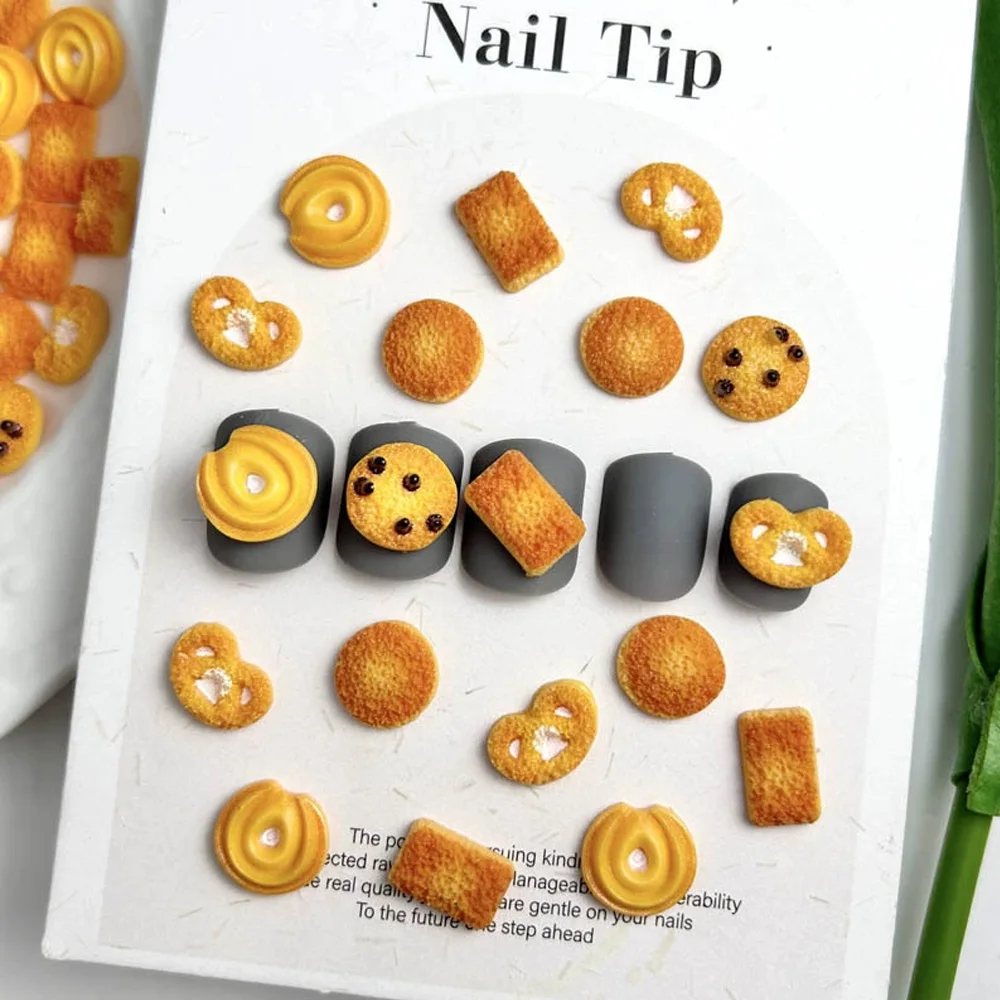 

20pcs Yellow Simulated Cookies Nail Art Charm 3D Rectangular Round Cookies Nail Decor Parts DIY Fake Food Nail Accessories