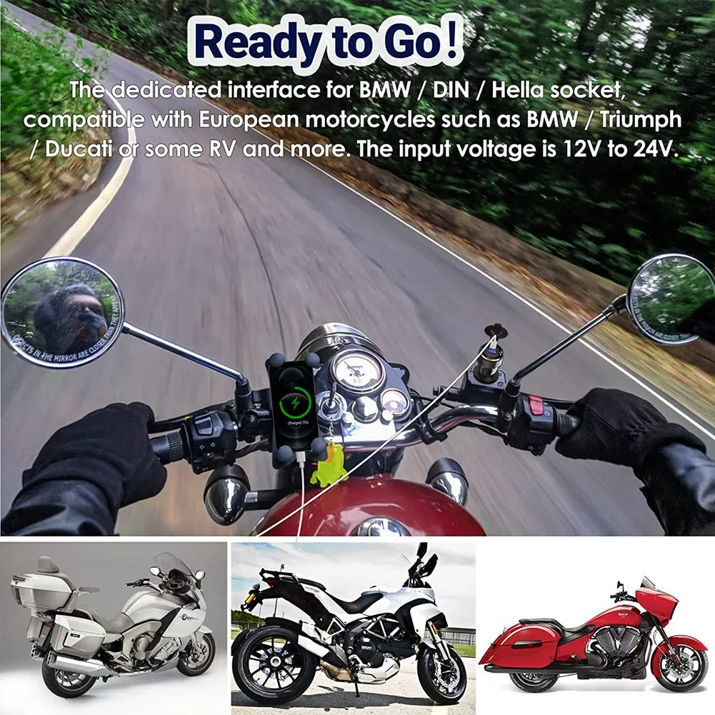 WF-PD 3.0 Type C USB Fast Din To USB And 18W QC 3.0 Power Outlet With Voltmeter For 12V-24V Ducati BMW Motorcycle