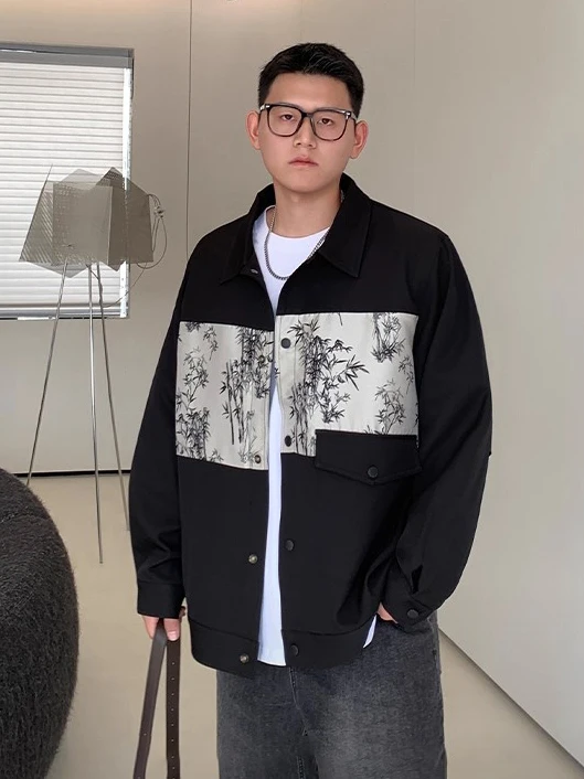 

New Chinese Sle Patchwork Jaet Large Size Men's Collar Bamboo Print Long Sve Faionable Versatile Spring Autumn Jaet