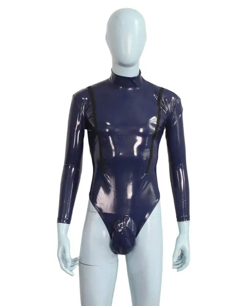 S-4XL Zipper Open Bust Wet Look PVC Catsuit Shiny PU Leather Convex Pouch Bodysuit Tights Leotard Hot Sexy Body Teddies Clubwear