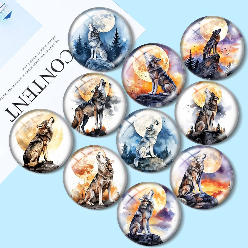 Wolf Howling to Moon  12/18/20/25mm glass cabochon  bracelet pendant rings for jewelry demo earrings back Making findings