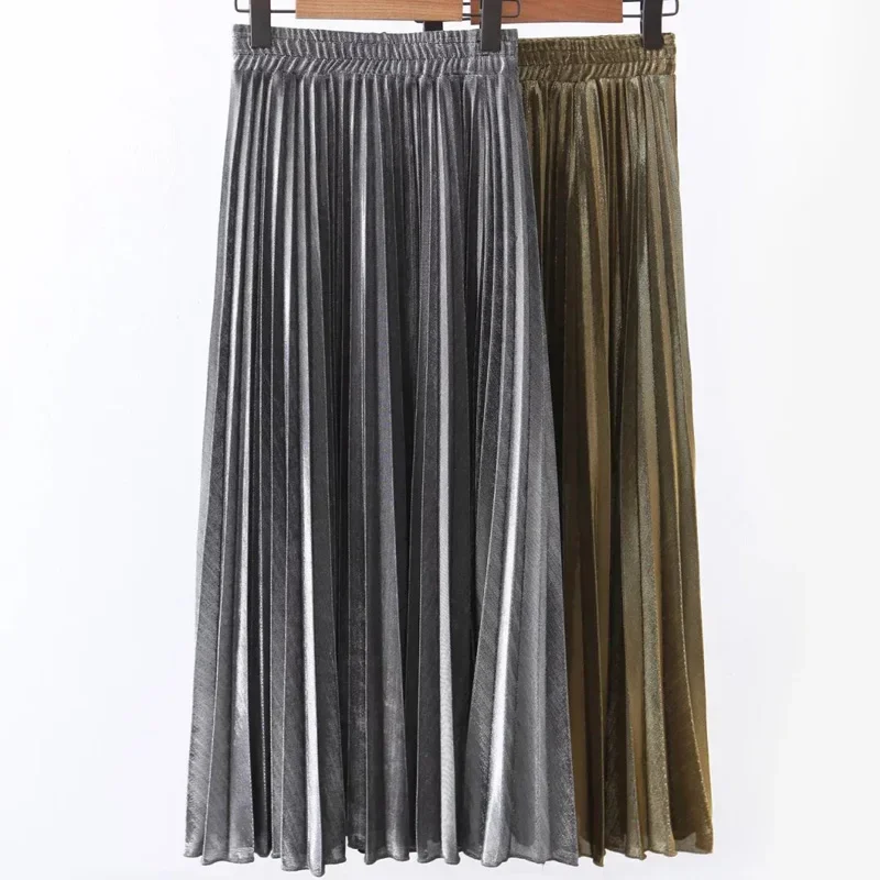 Metallic A-line Pleated Maxi Long Skirts Golden Silver Ankle Length Beach Skirt