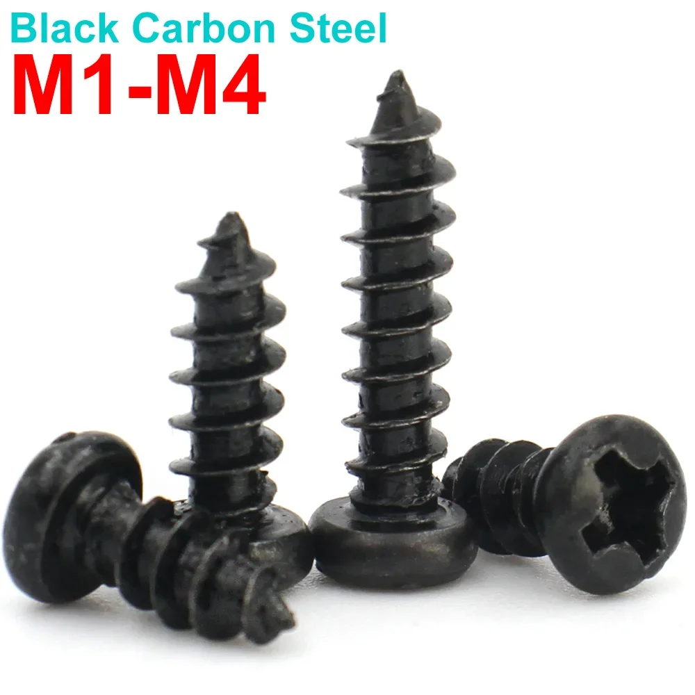 Black Carbon Steel Round Phillips Self-tapping Screw M1 M1.2 M1.4 M1.5 M1.7 M2 M2.3 M2.6 M3 M3.5 M4 M5 Screws 50-100