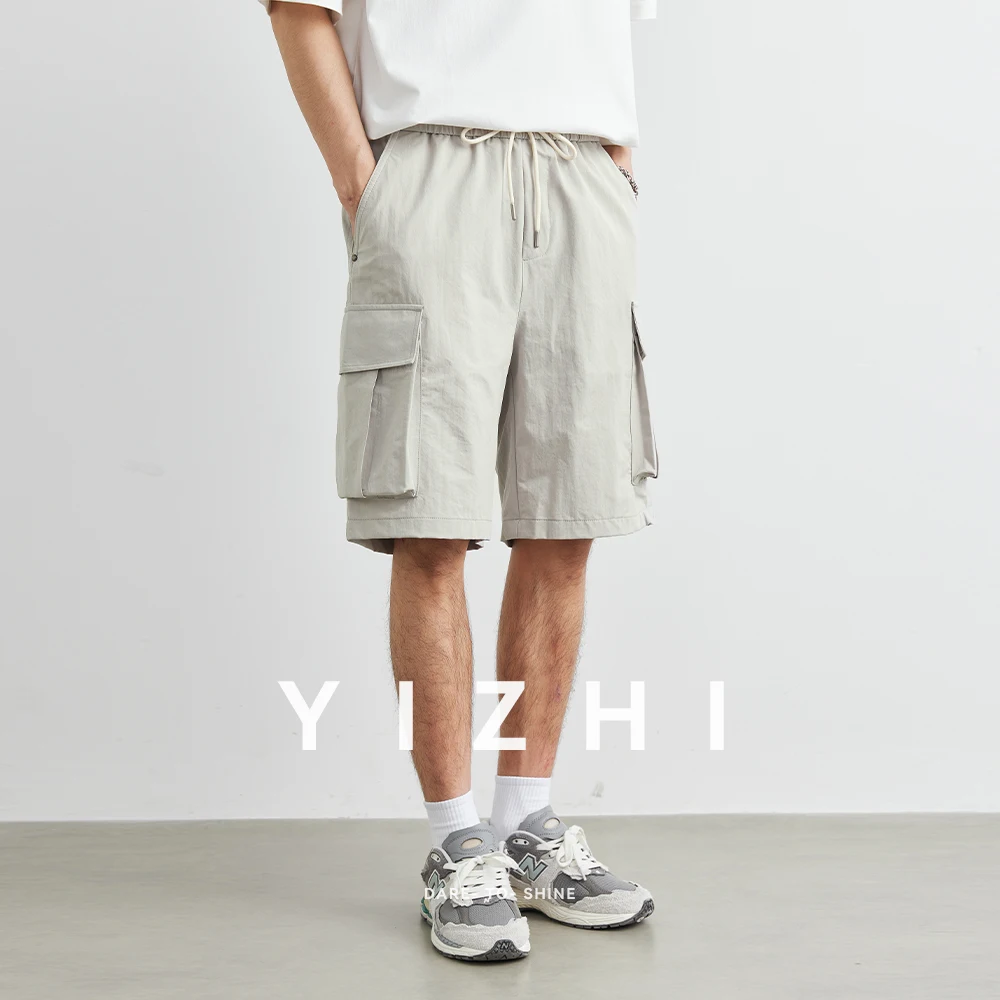 Fashion Men's Large Pocket Wide Leg Work Shorts Summer New Outdoor Sports Straight Style Casual Pants Elastic Waist Design Short