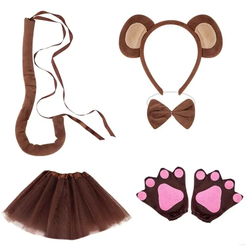 ชุดลิง 49mf Monkey Monkey Ear Haidband หางถุงมือ Bowtie และกระโปรง Halloween Lemur แต่งตัวชุดสำหรับ Kid Halloween Cosplay