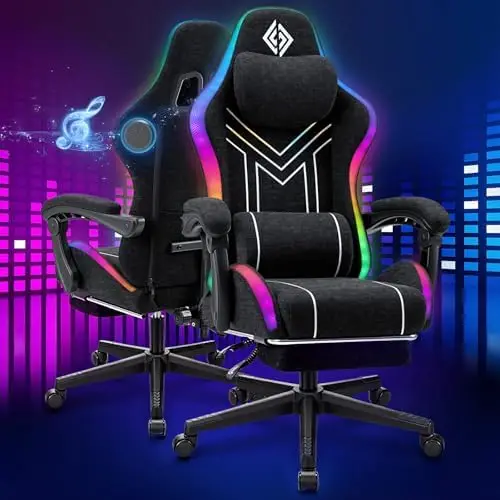 RGB Gaming Chair with Music Rhythm LED Lights and Bluetooth Speakers Fabric Ergonomic Game Chair 155° Reclining