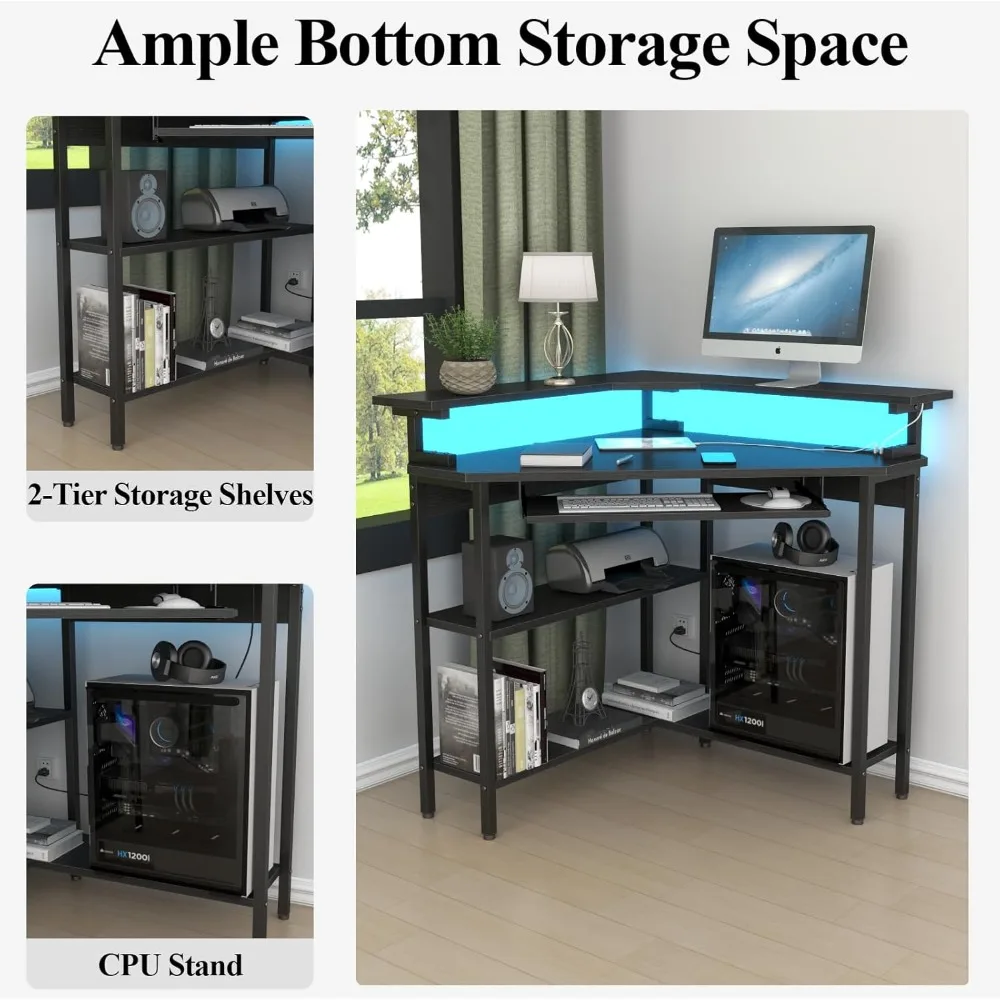 Corner Desk with Charging Station & LED Light, Triangle Corner Desk with Monitor Stand & Keyboard Tray for Small Space