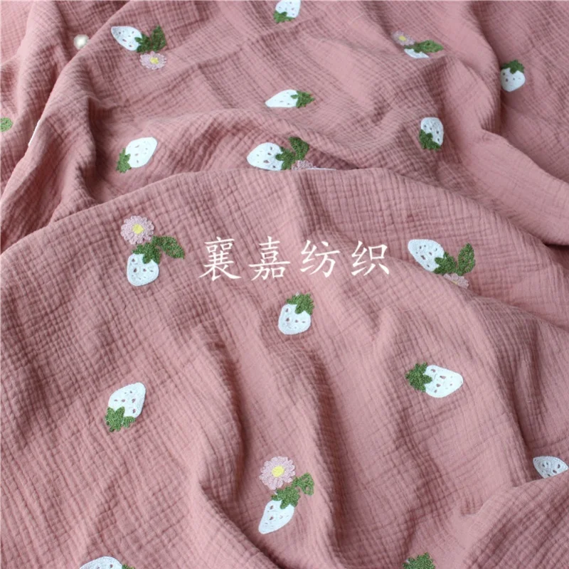 100X135cm Soft Double Crepe Cotton Strawberry Embroidered Gauze Spring Summer Nightdress Home Clothes Baby Quilt Fabric