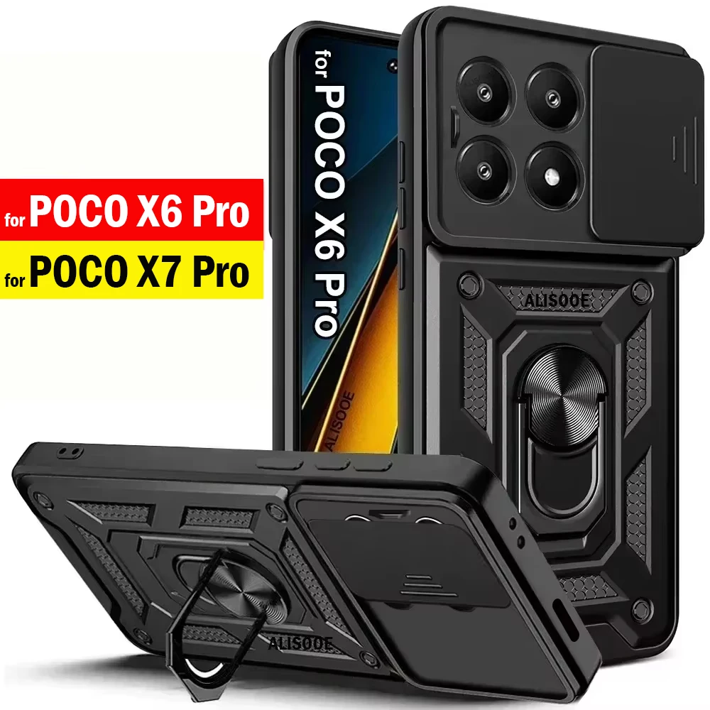 Capa Für POCO X7 Pro / X6 Pro 5G Fall Rüstung Rutsche Kamera Objektiv Schutz Zurück Abdeckung für Xiaomi POCO X6 Pro 5G Ring Stand Funda