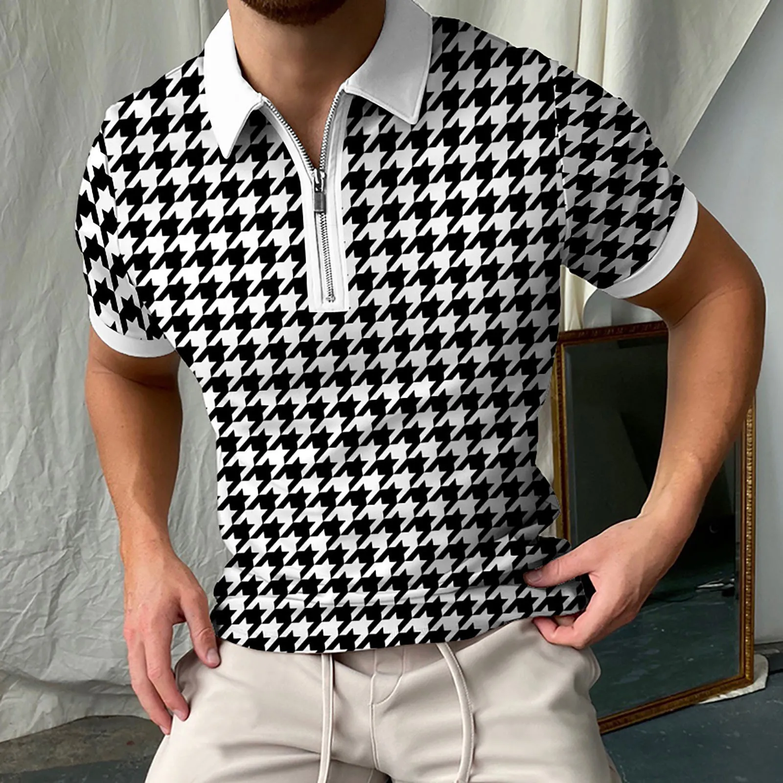 Blusa masculina de manga curta Houndstooth, blusa estampada com zíper lapela, camisa empresarial, tops largas, primavera e verão