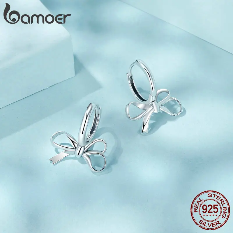 BAMOER 925 Sterling Silver Simple Bow Ear Buckles Classic Hypoallergenic Drop Earrings for Women Fine Jewelry SCE1752