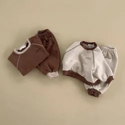 Ensemble de sweat-shirt en velours pour bébé garçon et fille, pantalon Y + décontracté, tenues chaudes épaisses pour enfants, nouveau bébé, sourire, lettre, imbibé, plus, hiver, 2 pièces