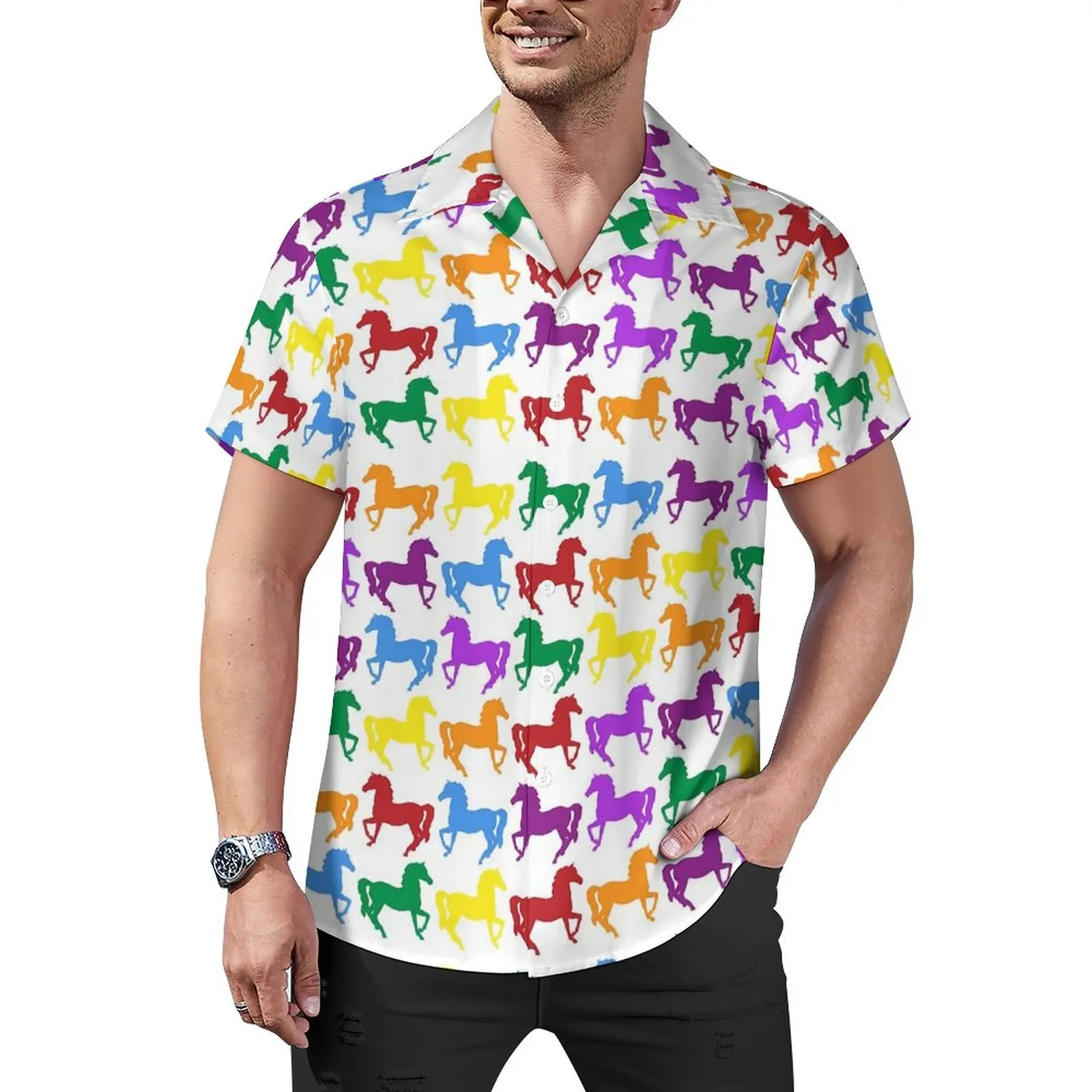 Colorful Horse Blouses Male Animal Print Casual Shirts Hawaiian Short-Sleeved Pattern Fashion Oversized Beach Shirt Gift Idea