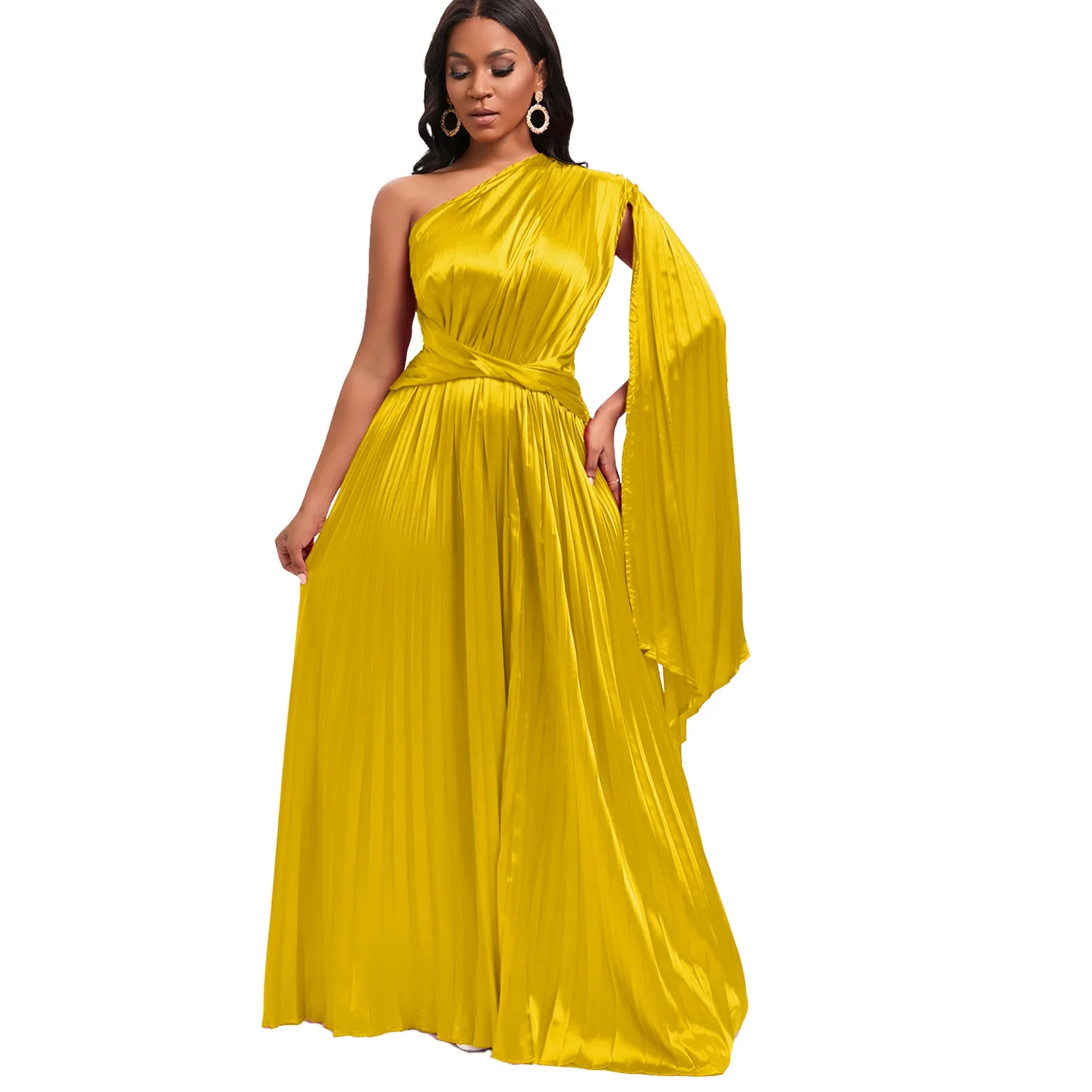 

African Pleat Dresses for Women Summer African Elegant One Sleeve Party Slim Fit Maxi Robes Dashiki African Clothing Gowns S-3XL