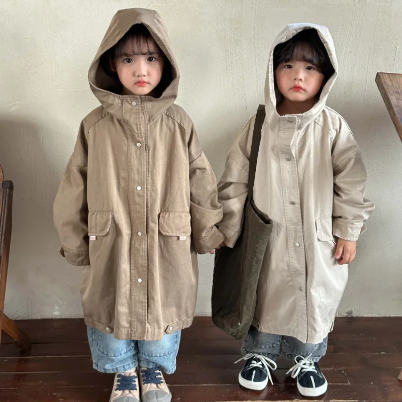 2023 Autumn Kids Coats solid color Mid-length windbreak Boys and girls oversized trench jackets