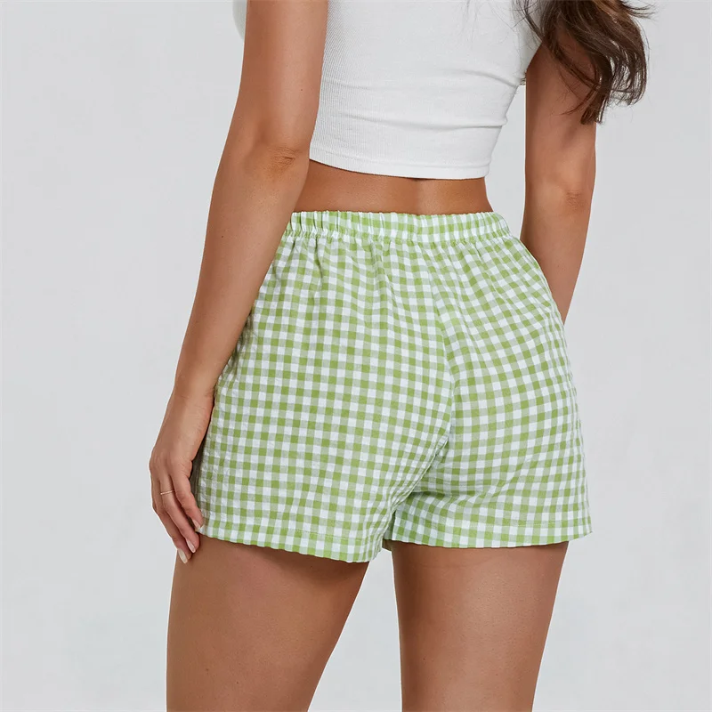 Women Y2k Plaid Pajama Shorts Buttons Elastic High Waist Casual Straight Short Pants Lounge Baggy Sweatshorts 2024 Summer New